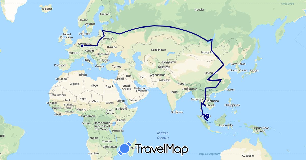 TravelMap itinerary: driving in China, Czech Republic, Germany, Laos, Lithuania, Latvia, Mongolia, Malaysia, Poland, Russia, Singapore, Thailand (Asia, Europe)